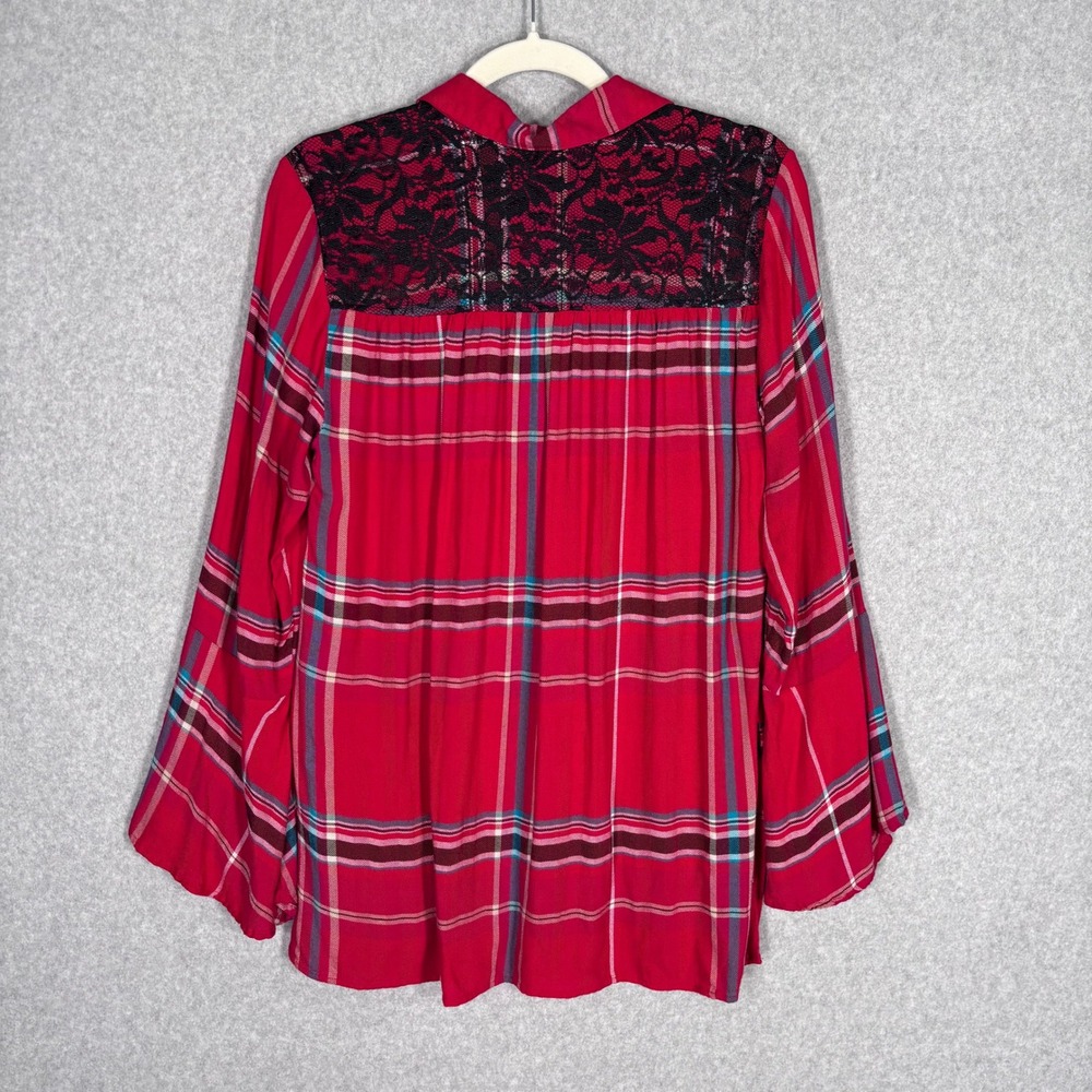 Rafaella Lace Flannel Shirt Medium Red Plaid Flare Bell Sleeve Boho Western
